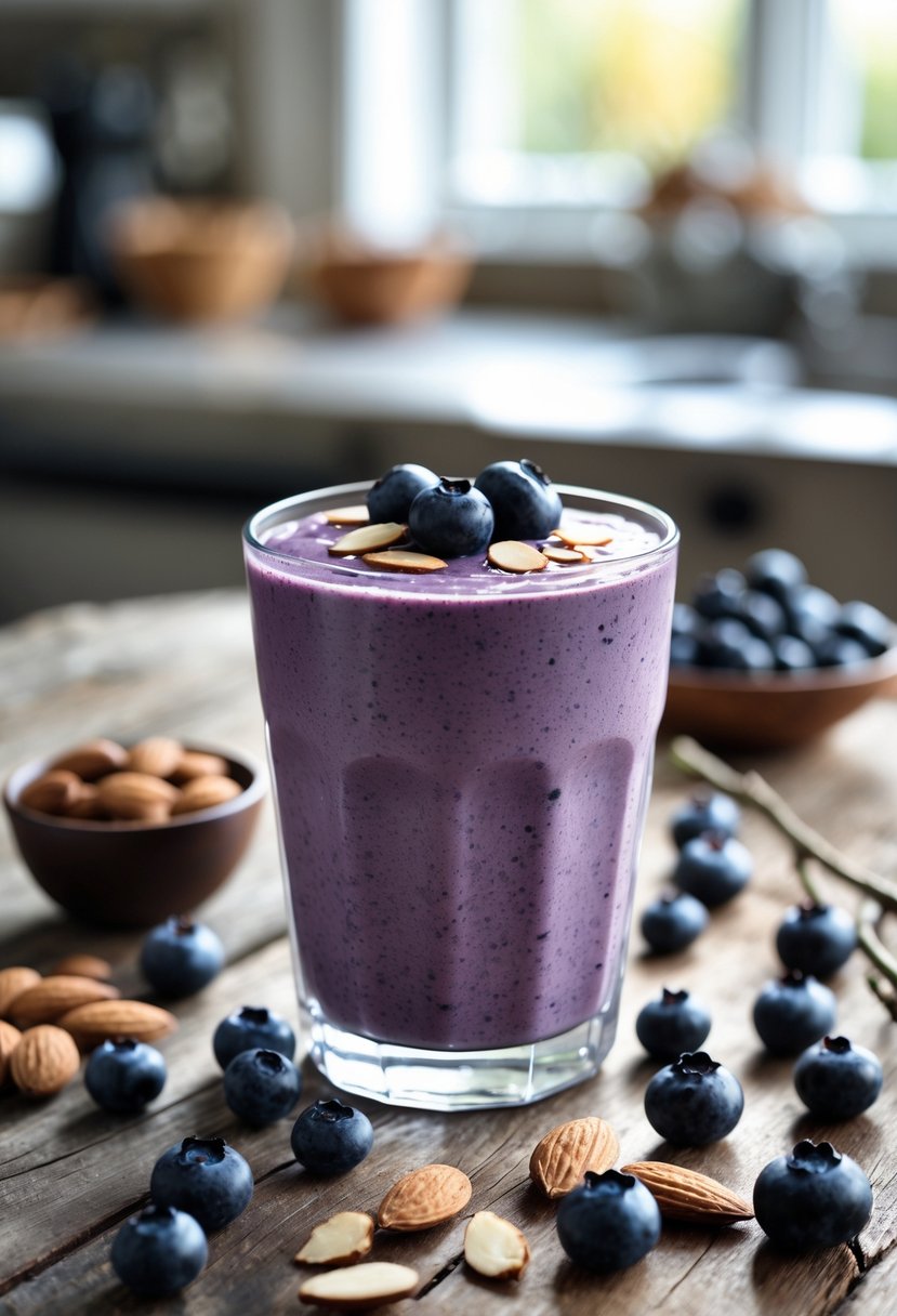 A glass of blueberry almond smoothie on a wooden table surrounded by blueberries and almonds.