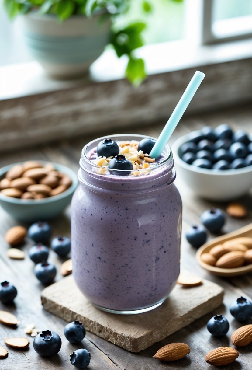 A glass of blueberry almond smoothie with fresh blueberries and almonds on a wooden surface.