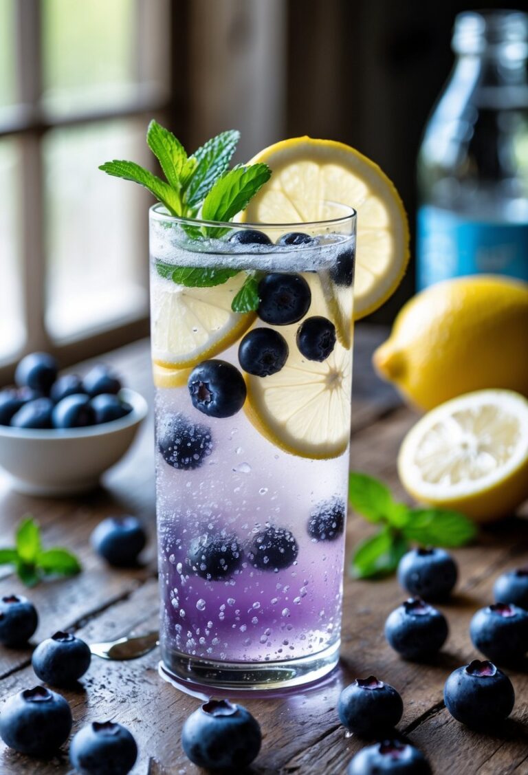 A glass of blueberry lemon fizz drink with fresh blueberries, lemon slices, and mint on a wooden table.