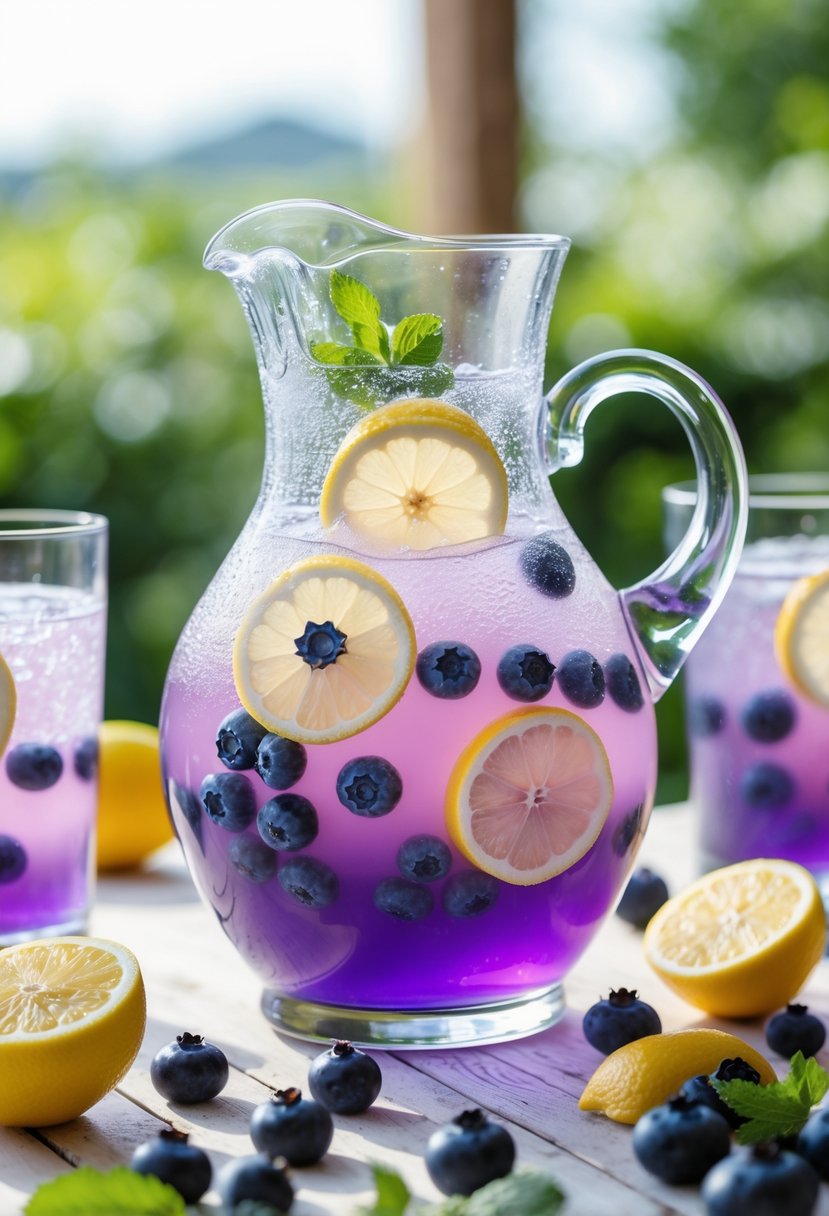A pitcher and glasses of blueberry lemonade punch with lemon slices and blueberries on a wooden table surrounded by fresh fruit and mint leaves.