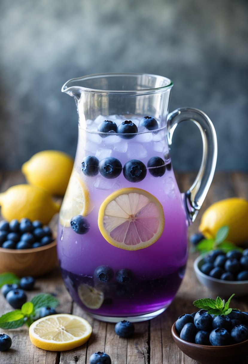 A glass pitcher of blueberry lemonade punch with lemon slices and blueberries, surrounded by fresh lemons, blueberries, and a glass of the punch on a wooden table.