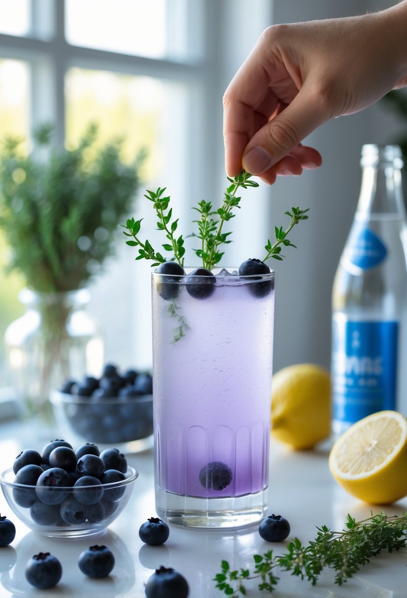 A glass of blueberry thyme spritzer garnished with blueberries and thyme on a kitchen counter with fresh ingredients nearby.