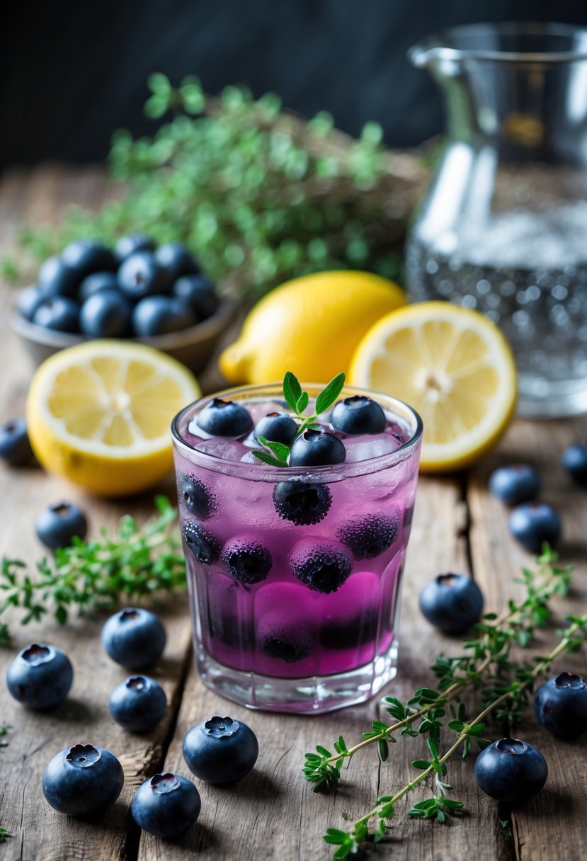 A table with fresh blueberries, thyme sprigs, a halved lemon, a glass pitcher of sparkling water, and a glass of blueberry thyme spritzer garnished with thyme and blueberries.