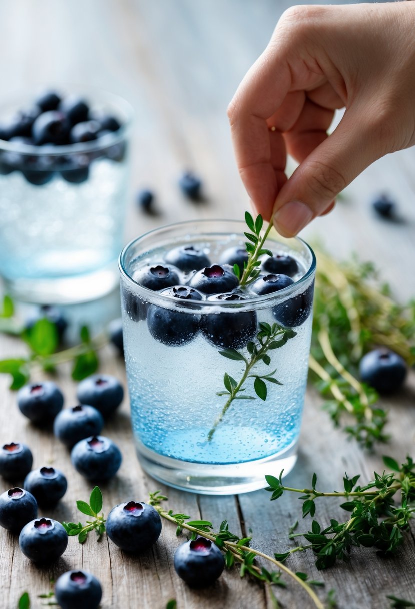 A glass of Blueberry Thyme Spritzer with fresh blueberries and thyme on a wooden table, with a hand adding a sprig of thyme to the drink.