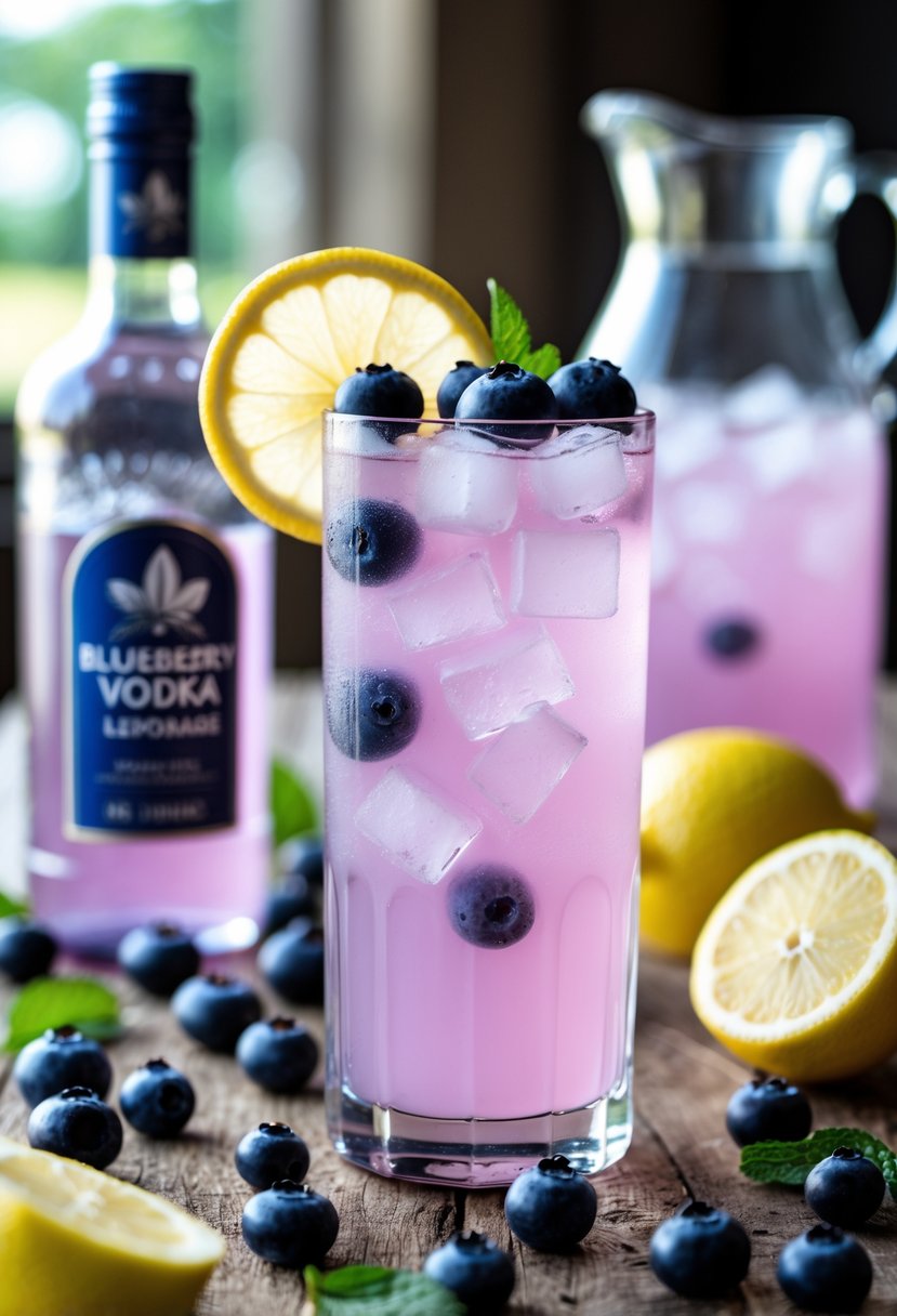 A glass of blueberry vodka lemonade garnished with blueberries and a lemon slice, surrounded by fresh blueberries and lemons on a wooden surface.