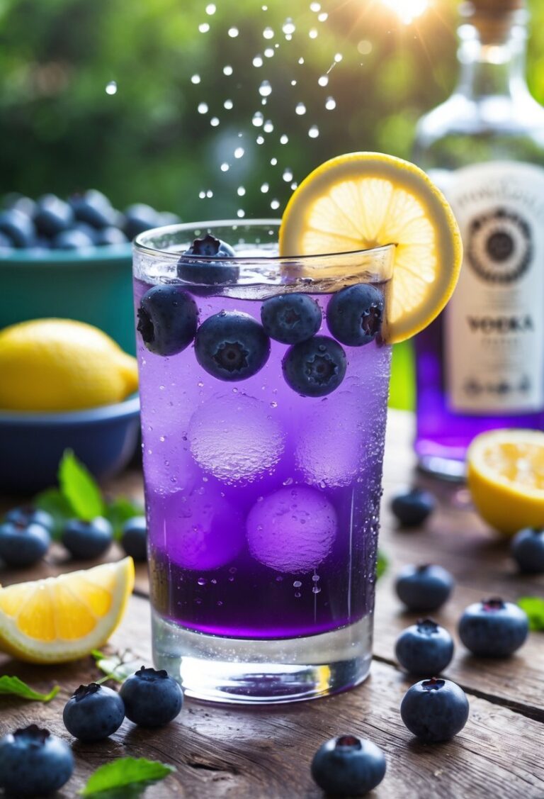 A glass of blueberry vodka lemonade garnished with blueberries and a lemon slice, surrounded by fresh blueberries and lemon wedges on a wooden table.