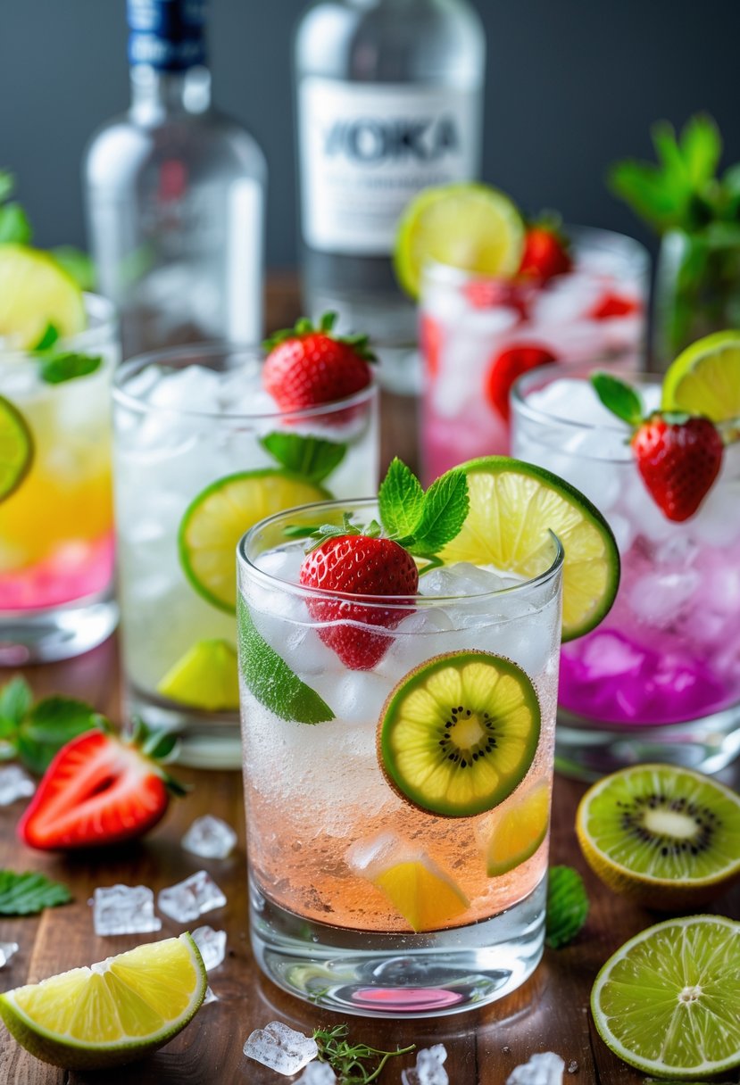 Glasses of Caipiroska cocktails with ice, lime wedges, and fruit garnishes on a wooden table with vodka bottle and fresh ingredients nearby.