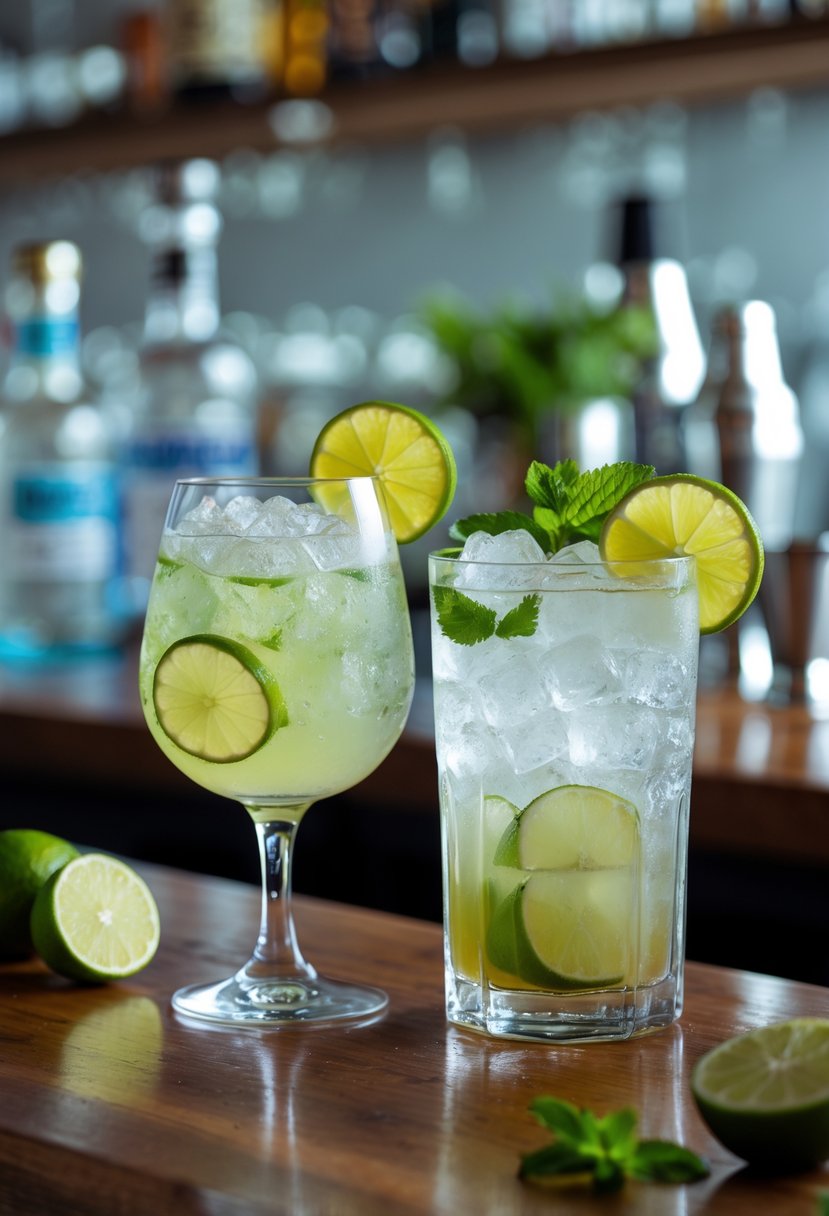Two cocktails on a bar counter, one vodka-based with lime and ice, the other cachaça-based with lime and ice, surrounded by bottles and bar tools.
