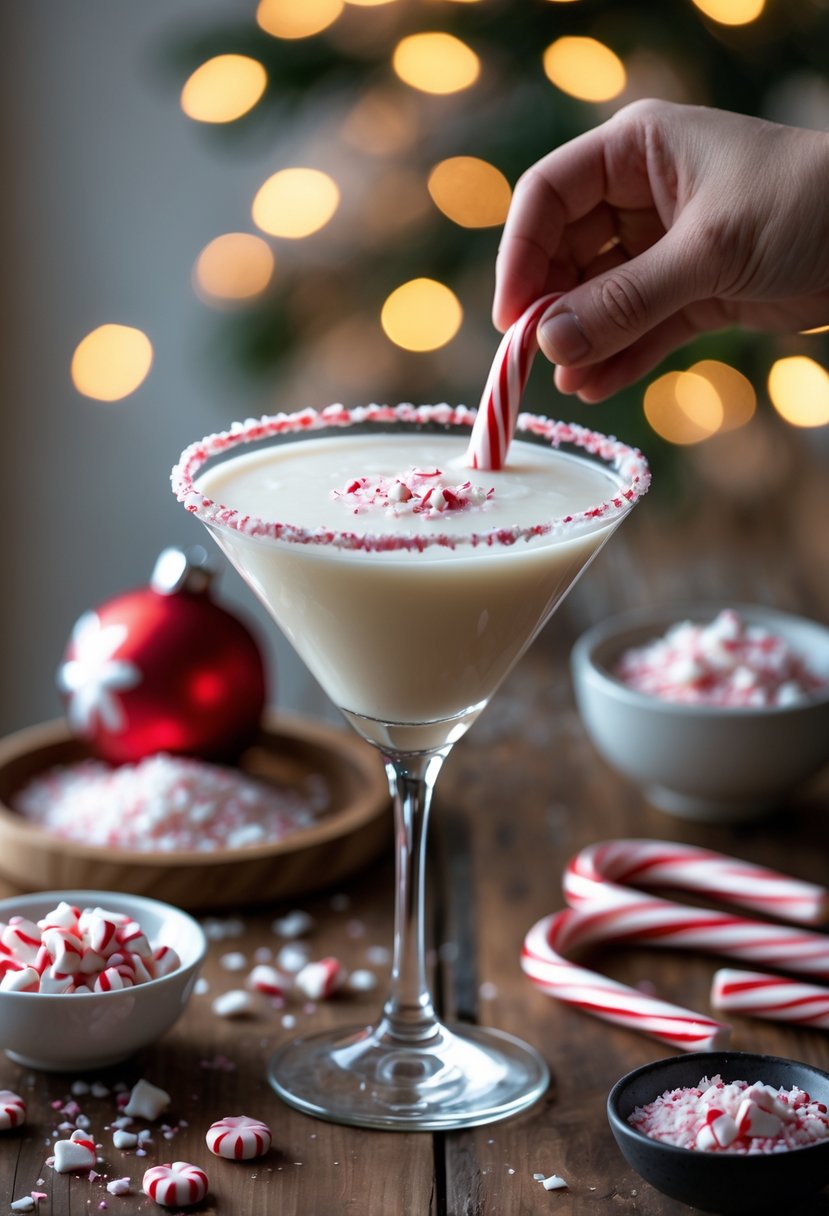 A hand garnishing a creamy white Candy Cane Martini in a glass rimmed with crushed candy canes, with candy canes and crushed peppermint on a wooden surface.