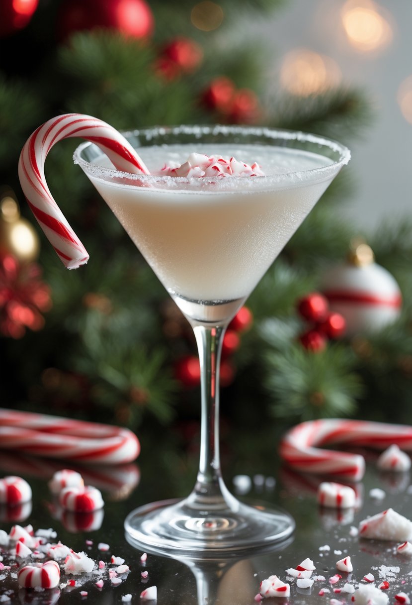 A martini glass filled with a white cocktail garnished with a candy cane, surrounded by candy canes and crushed peppermint on a reflective surface.