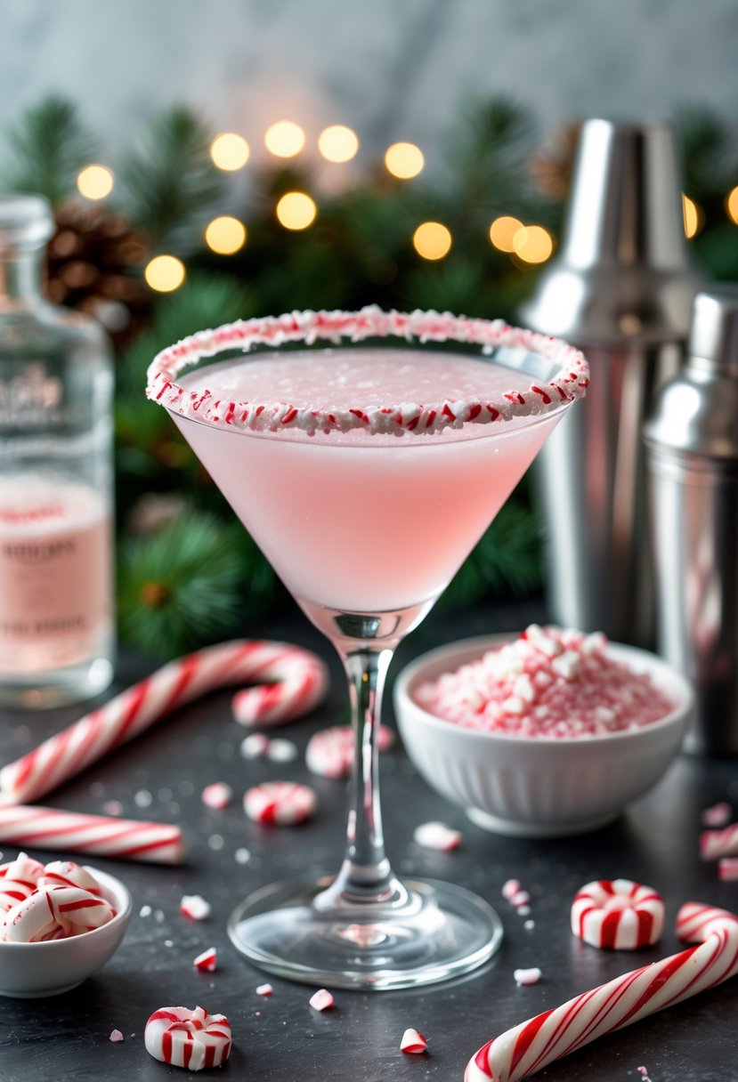 A martini glass rimmed with crushed candy canes filled with a pink cocktail, surrounded by candy canes, bottles of vodka and crème de menthe, a bowl of crushed candy pieces, and a cocktail shaker on a festive table.