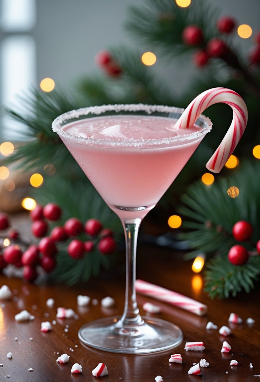 A Candy Cane Martini cocktail in a martini glass with a candy cane on the rim, surrounded by festive holiday decorations.