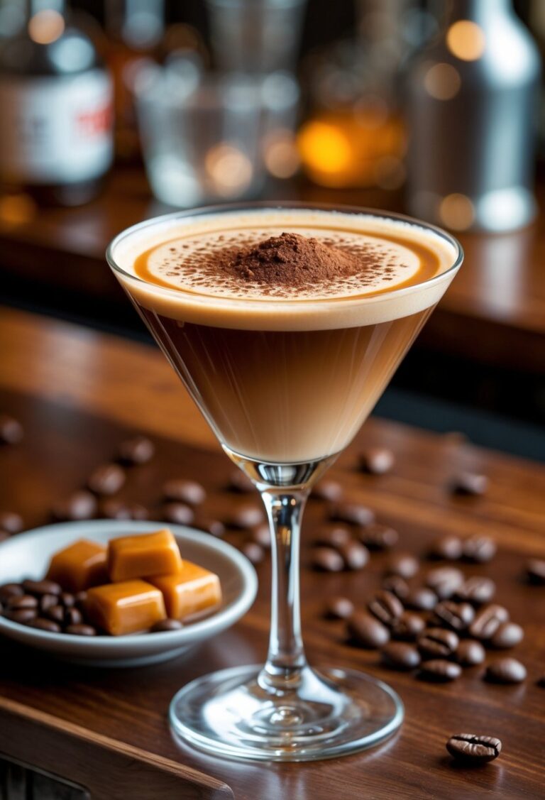 A caramel macchiato martini in a martini glass with caramel drizzle on top, accompanied by coffee beans and caramel candies on a wooden bar counter.