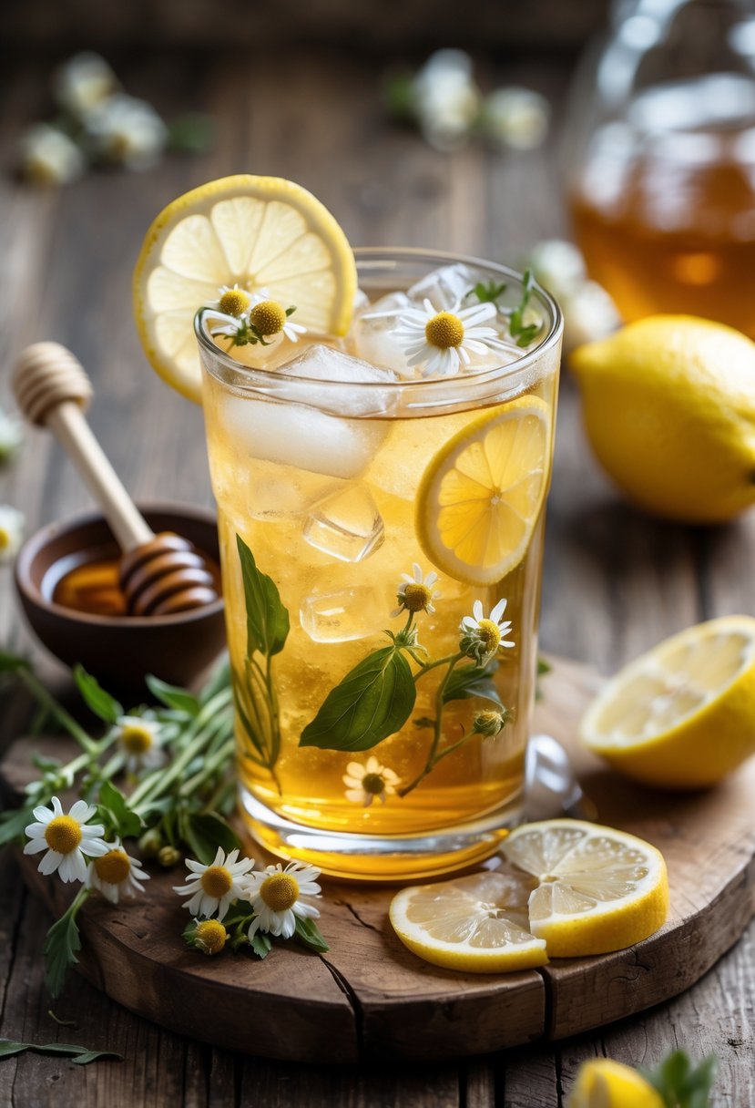 A glass of chamomile honey lemon iced tea with lemon slices, chamomile flowers, honey, and lemon wedges on a wooden table.