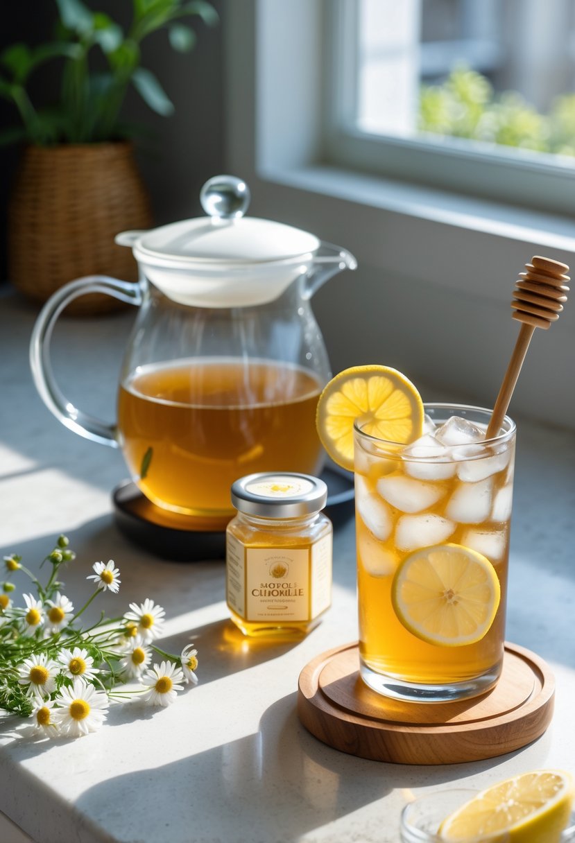 A kitchen countertop with chamomile flowers, a teapot steeping chamomile tea, a jar of honey with a honey dipper, sliced lemon, and a glass of iced tea garnished with lemon and chamomile.