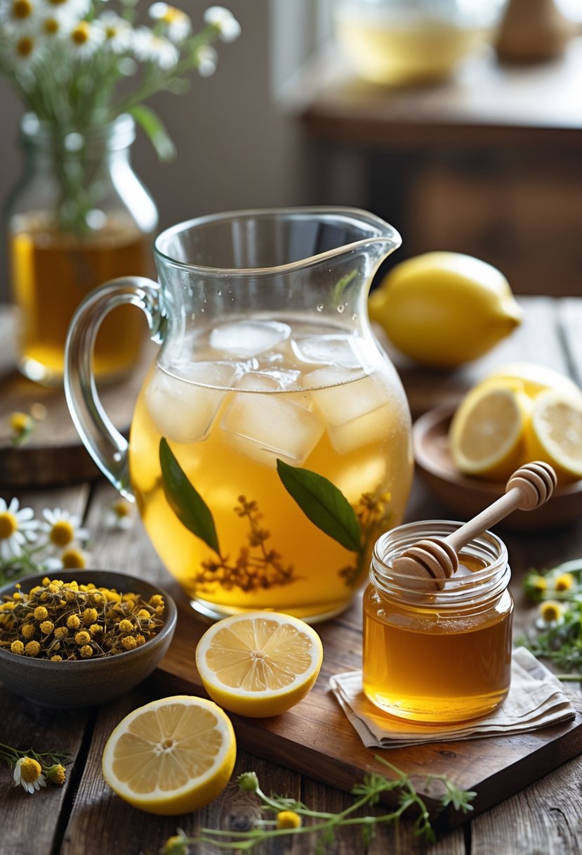 A glass pitcher of chamomile iced tea with ice, surrounded by fresh lemon slices, a jar of honey with a honey dipper, dried chamomile flowers, and fresh chamomile sprigs on a wooden table.