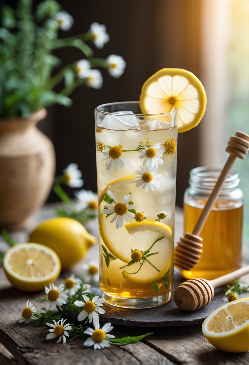 A tall glass of chamomile honey lemon iced tea with ice, lemon slice, and chamomile flowers on a wooden table with honey jar and fresh ingredients nearby.