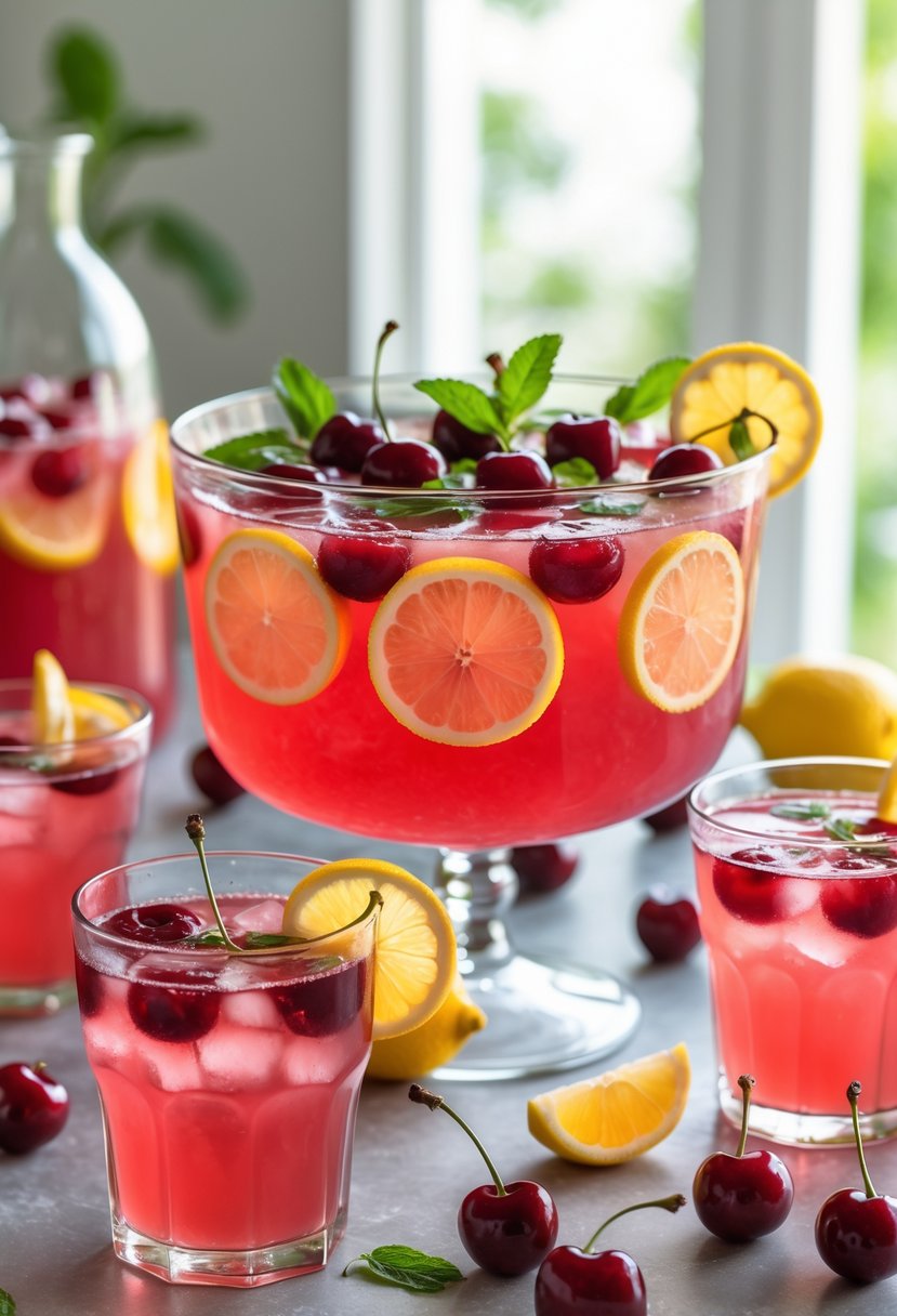 A punch bowl filled with cherry lemonade punch garnished with lemon slices and cherries, surrounded by glasses of the same drink on a table with fresh cherries and lemons.