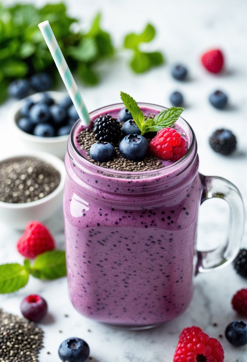 A glass jar filled with a purple berry smoothie topped with chia seeds and surrounded by fresh berries and chia seeds on a bright surface.