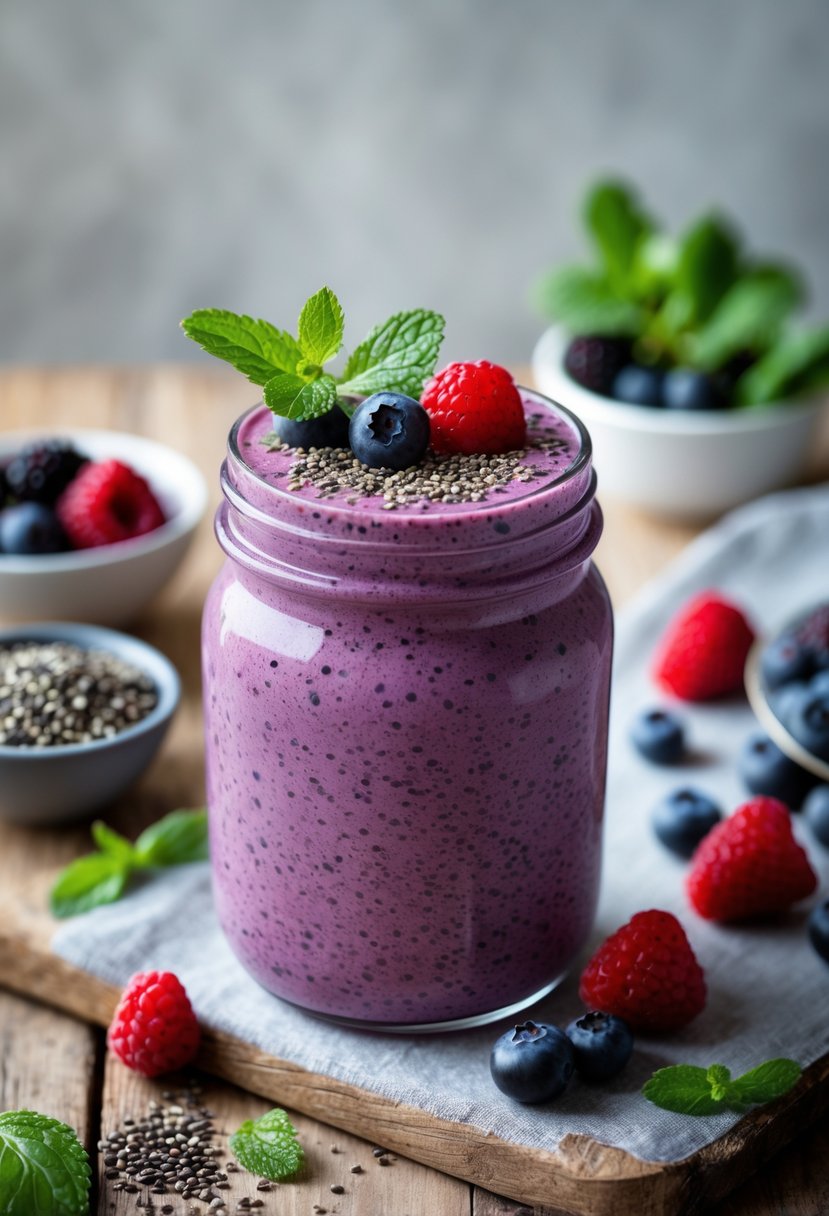 A glass jar filled with a purple-pink chia berry smoothie topped with chia seeds and fresh berries on a wooden table, surrounded by fresh berries and chia seeds.
