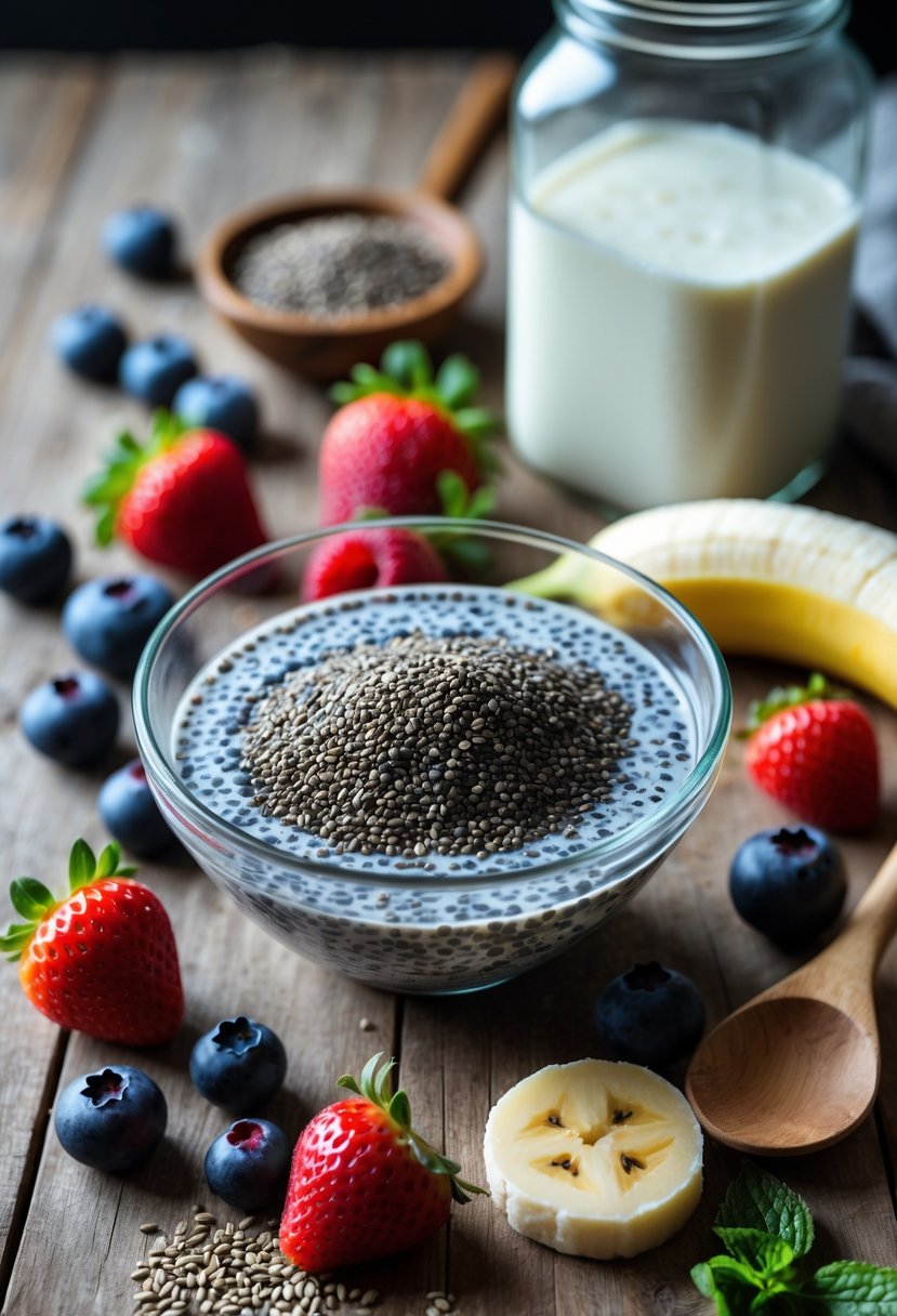 Fresh ingredients for a chia berry smoothie including chia seeds, assorted berries, banana, almond milk, and a blender on a wooden surface.
