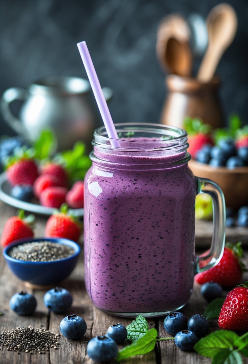 A glass jar filled with a purple-red chia berry smoothie surrounded by fresh berries and chia seeds on a wooden table.