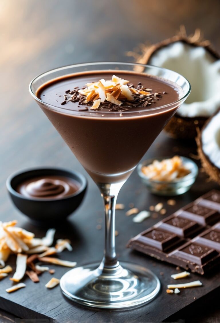 A chocolate coconut martini in a clear glass garnished with chocolate shavings and coconut flakes, surrounded by coconut pieces and chocolate on a wooden surface.