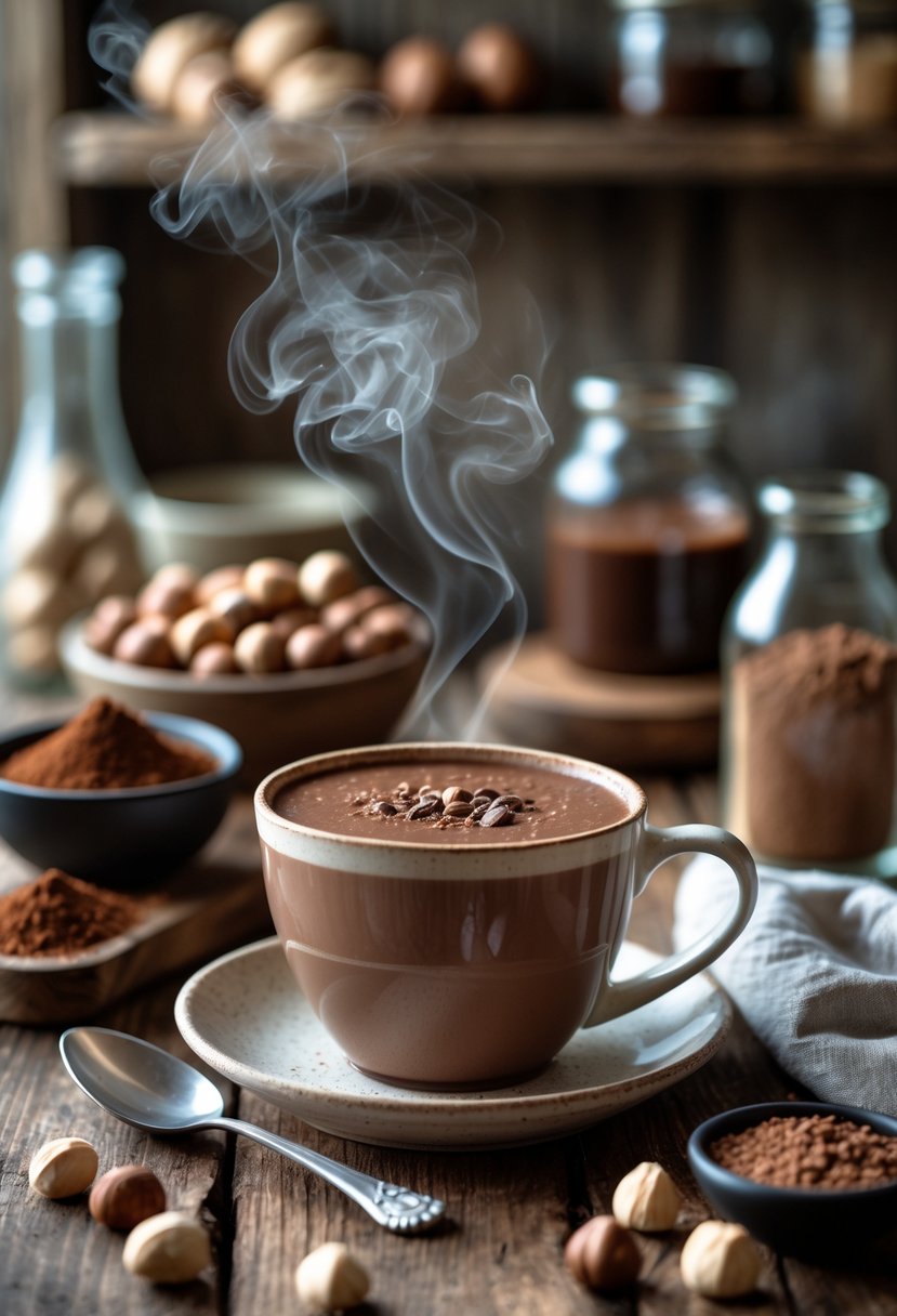 A steaming cup of chocolate hazelnut cocoa on a wooden table surrounded by hazelnuts, cocoa powder, melted chocolate, and a bottle of hazelnut syrup in a cozy kitchen setting.