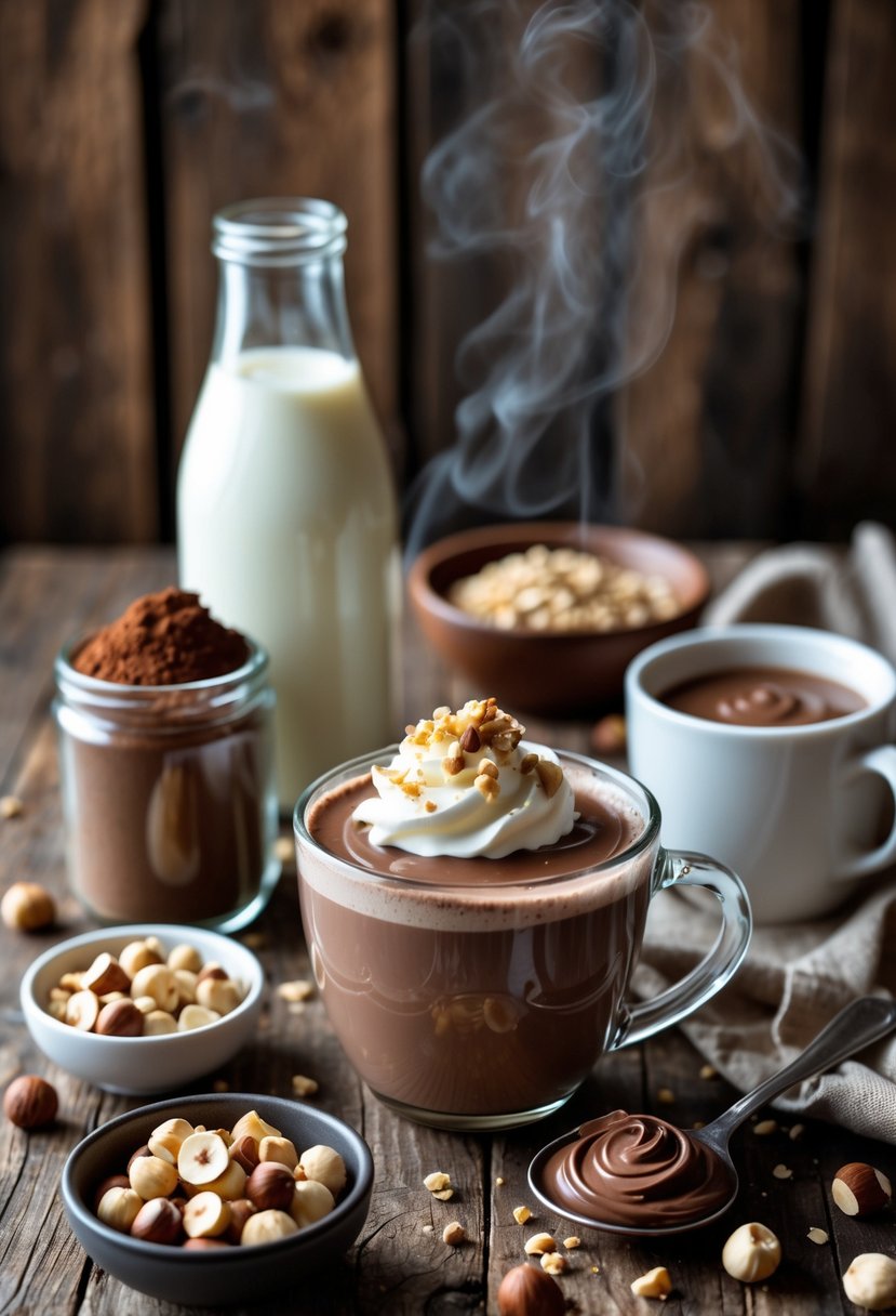 A kitchen table with ingredients for chocolate hazelnut cocoa including cocoa powder, chopped hazelnuts, milk, melted chocolate, chocolate hazelnut spread, and a mug of hot chocolate topped with whipped cream and crushed hazelnuts.