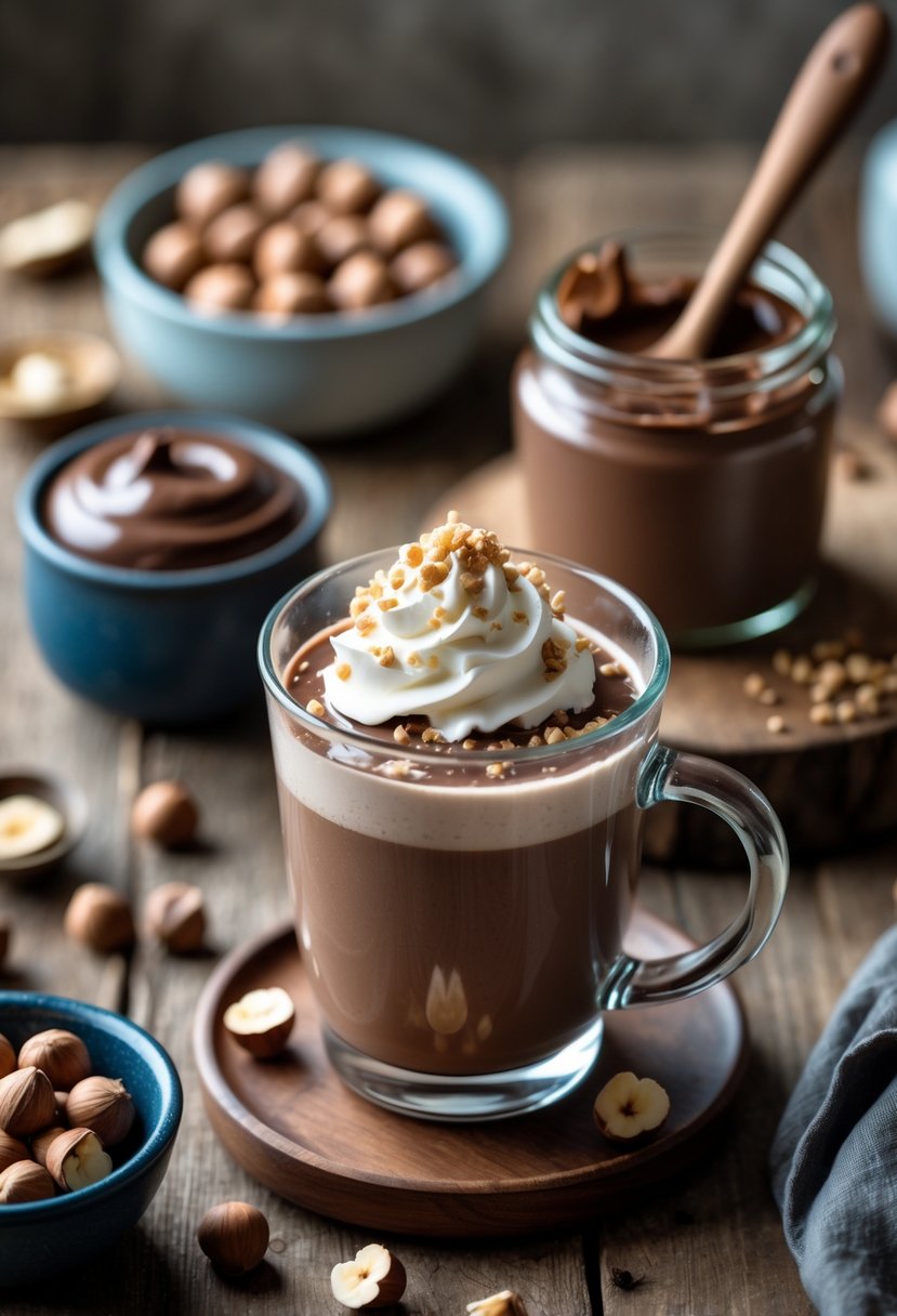 A glass mug of chocolate hazelnut cocoa topped with whipped cream and crushed hazelnuts next to an open jar of chocolate hazelnut spread and a bowl of hazelnuts on a wooden table.