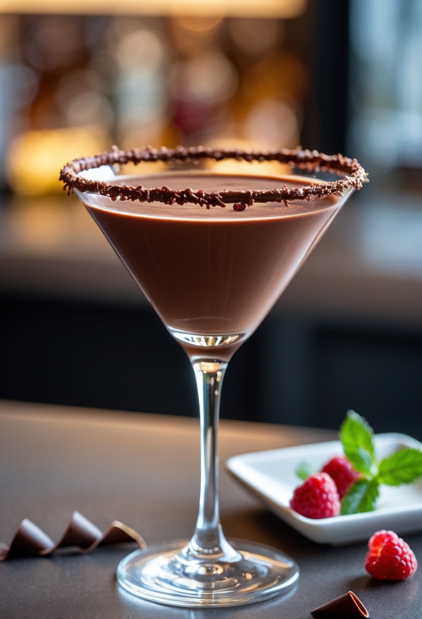 A chocolate martini in a clear glass with chocolate shavings and syrup on the rim, accompanied by raspberries, mint, and chocolate curls on a plate.