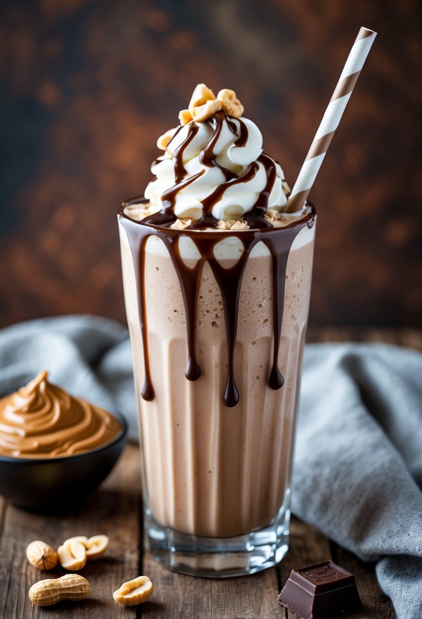 A tall glass of chocolate peanut butter shake topped with whipped cream and chocolate drizzle on a wooden table with peanut butter and chocolate pieces nearby.