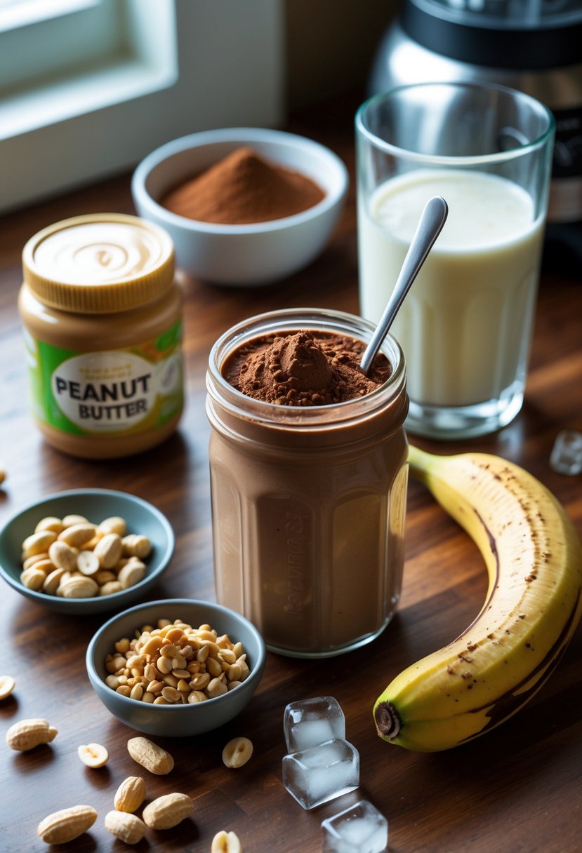 A kitchen countertop with ingredients for a chocolate peanut butter shake including peanut butter, cocoa powder, milk, banana, peanuts, and a blender in the background.