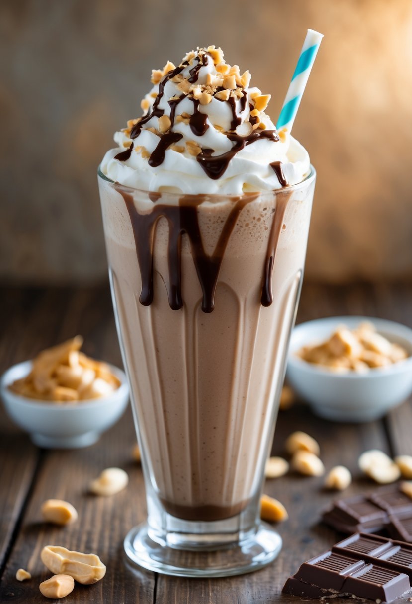A tall glass of chocolate peanut butter shake topped with whipped cream and chocolate drizzle on a wooden table with peanut butter and chocolate pieces nearby.