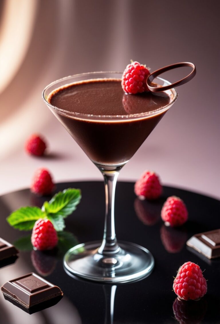 A chocolate raspberry martini in a glass garnished with fresh raspberries and a chocolate curl, surrounded by raspberries and chocolate pieces on a dark surface.