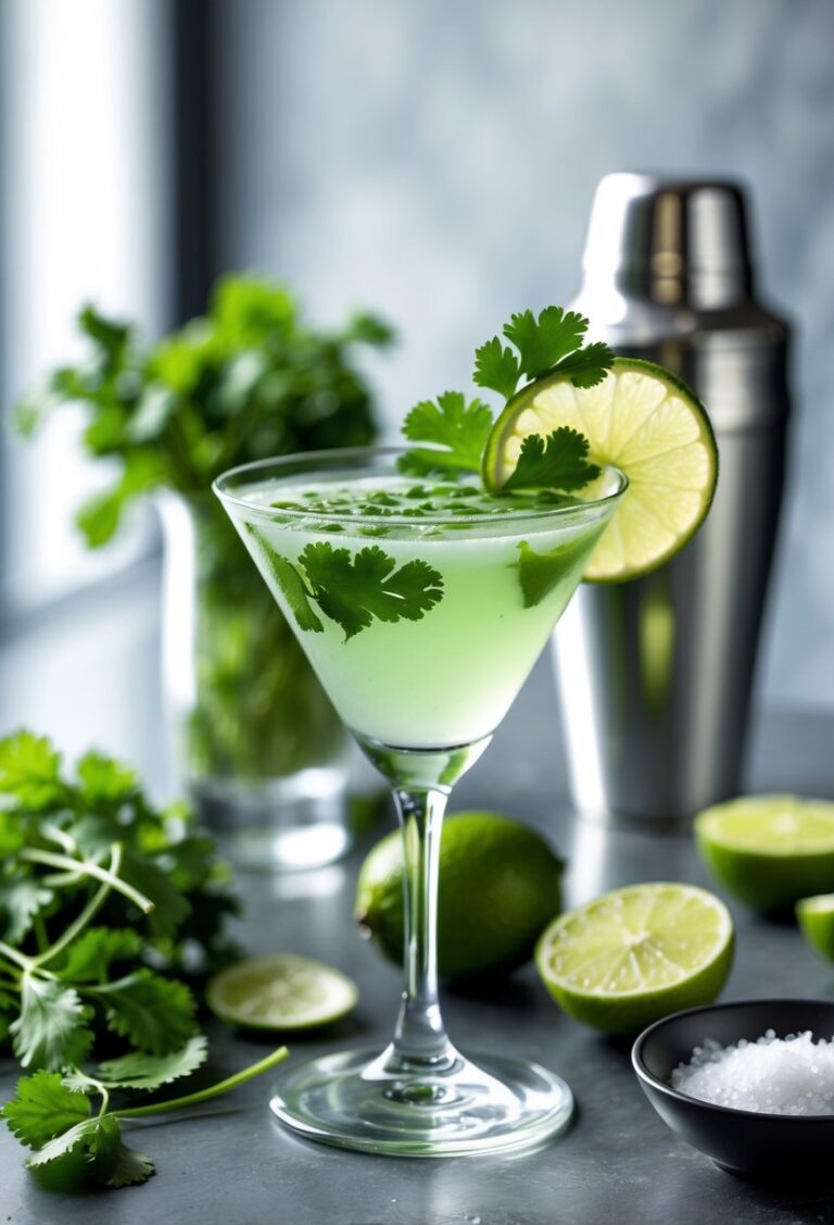 A cilantro lime martini garnished with cilantro and lime on a bar counter surrounded by fresh cilantro leaves and sliced limes.