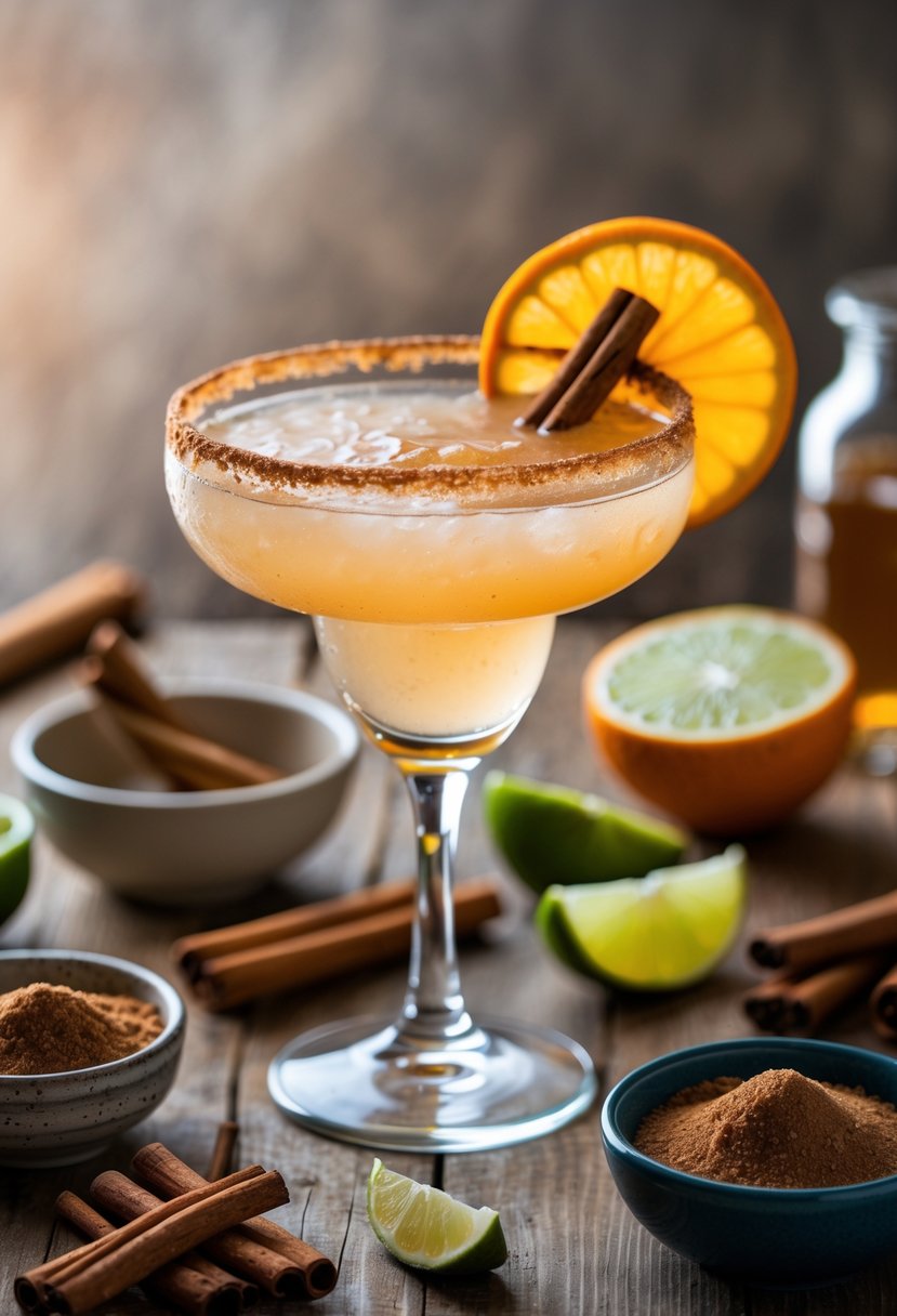 A cinnamon margarita cocktail on a wooden table with cinnamon sticks, lime wedges, and small bowls of cinnamon and honey around it.