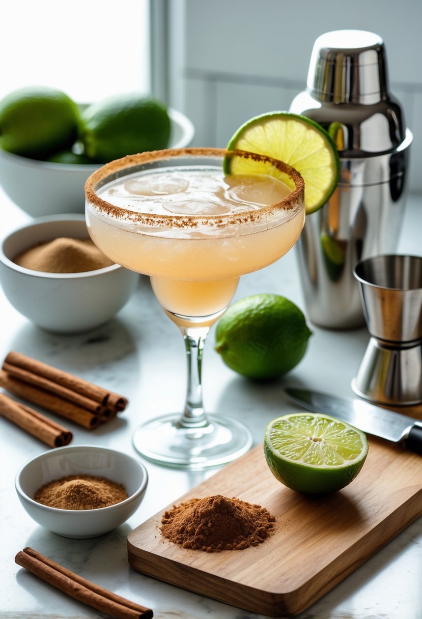A cinnamon margarita cocktail in a glass rimmed with cinnamon sugar, garnished with a cinnamon stick and lime wedge, surrounded by cinnamon sticks, fresh limes, a cocktail shaker, and a cutting board on a kitchen countertop.