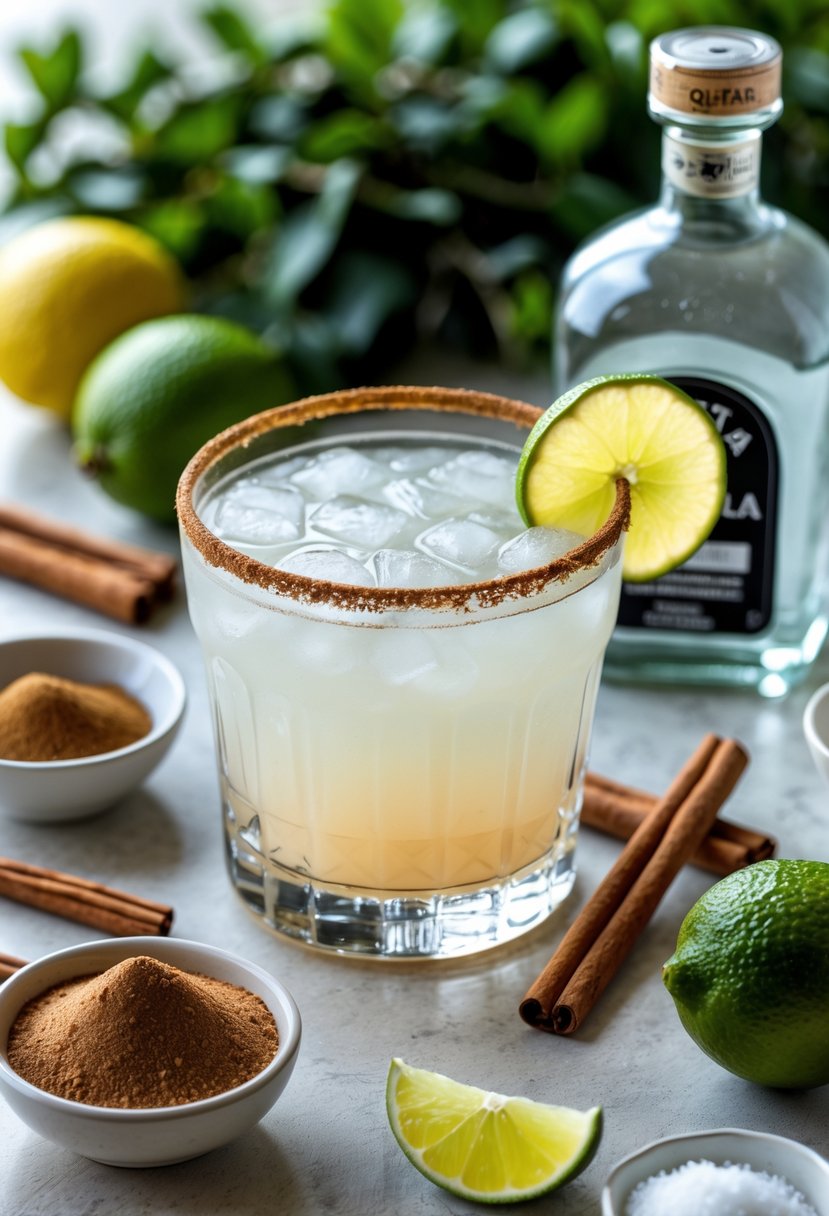 A glass of cinnamon margarita garnished with a cinnamon stick and lime wedge surrounded by cinnamon sticks, ground cinnamon, fresh limes, salt, tequila bottle, and simple syrup on a wooden surface.