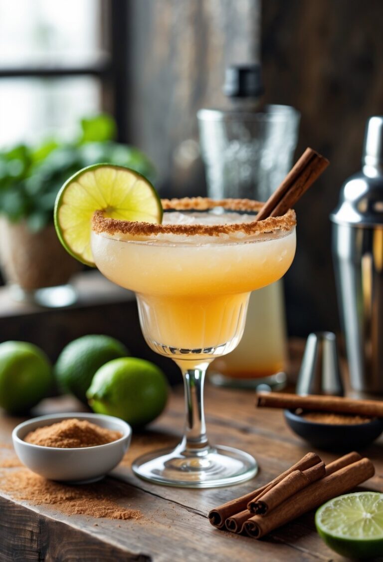 A cinnamon margarita cocktail garnished with a cinnamon stick and lime wedge on a wooden bar counter with cinnamon sticks, limes, and a cocktail shaker nearby.