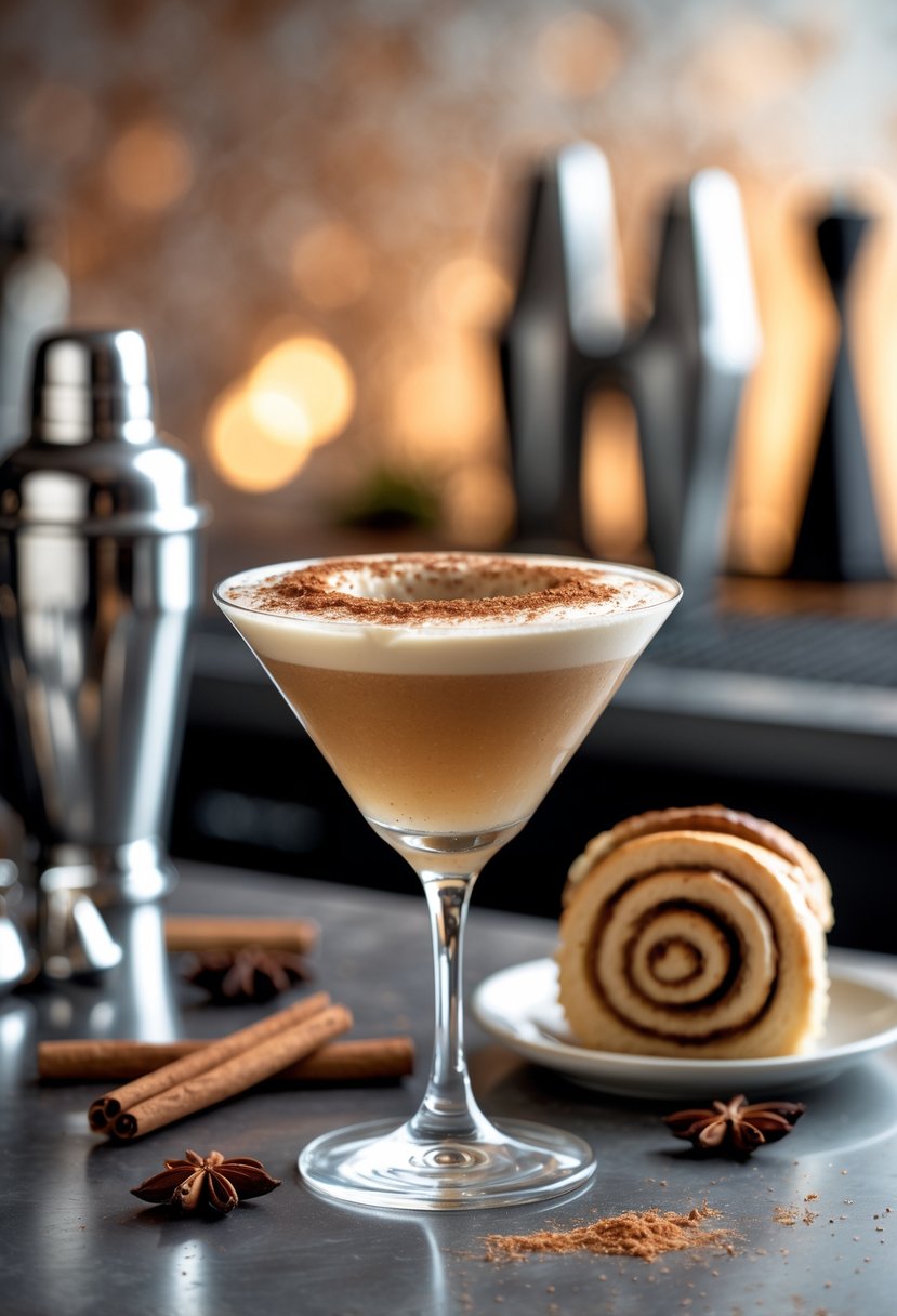 A cinnamon roll martini in a martini glass with cinnamon powder on top, next to a sliced cinnamon roll on a plate, with cinnamon sticks and star anise on a bar counter.