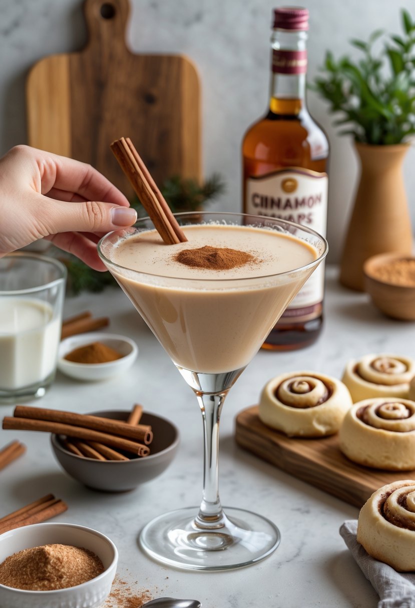 A hand holding a martini glass filled with a creamy cinnamon roll cocktail garnished with a cinnamon stick, surrounded by ingredients and cinnamon rolls on a kitchen countertop.