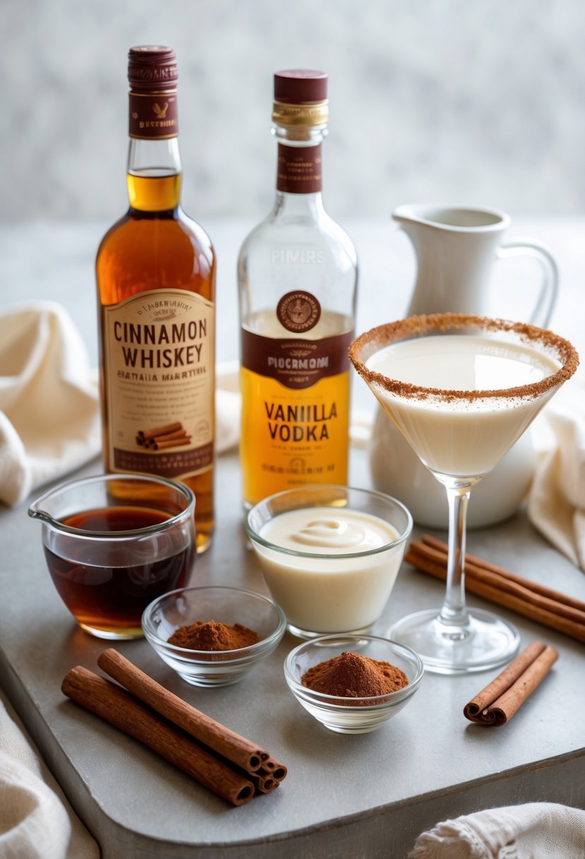 A collection of ingredients for making a cinnamon roll martini arranged on a wooden surface, including bottles of cinnamon whiskey and vanilla vodka, cream, ground cinnamon, cinnamon sticks, and a martini glass rimmed with cinnamon sugar.