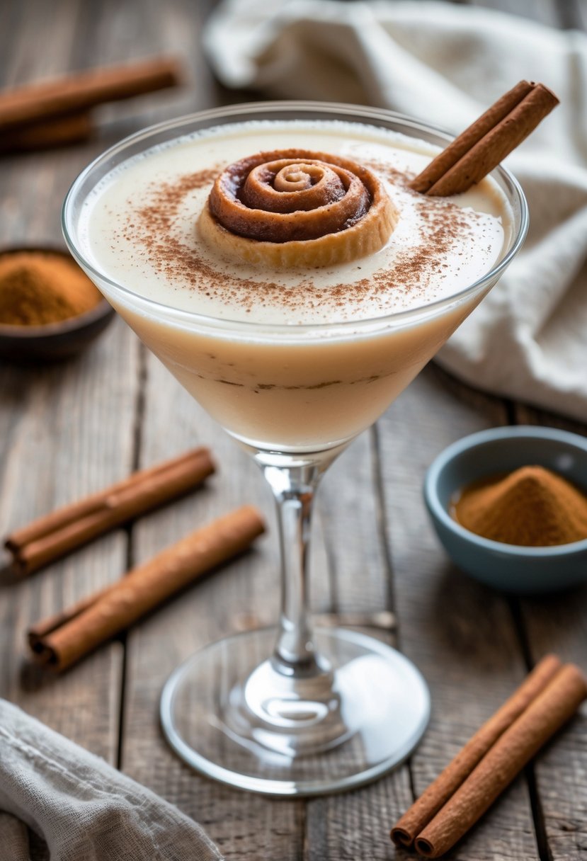 A martini glass filled with a creamy cinnamon roll cocktail garnished with a cinnamon stick, surrounded by cinnamon sticks and ground cinnamon on a wooden surface.