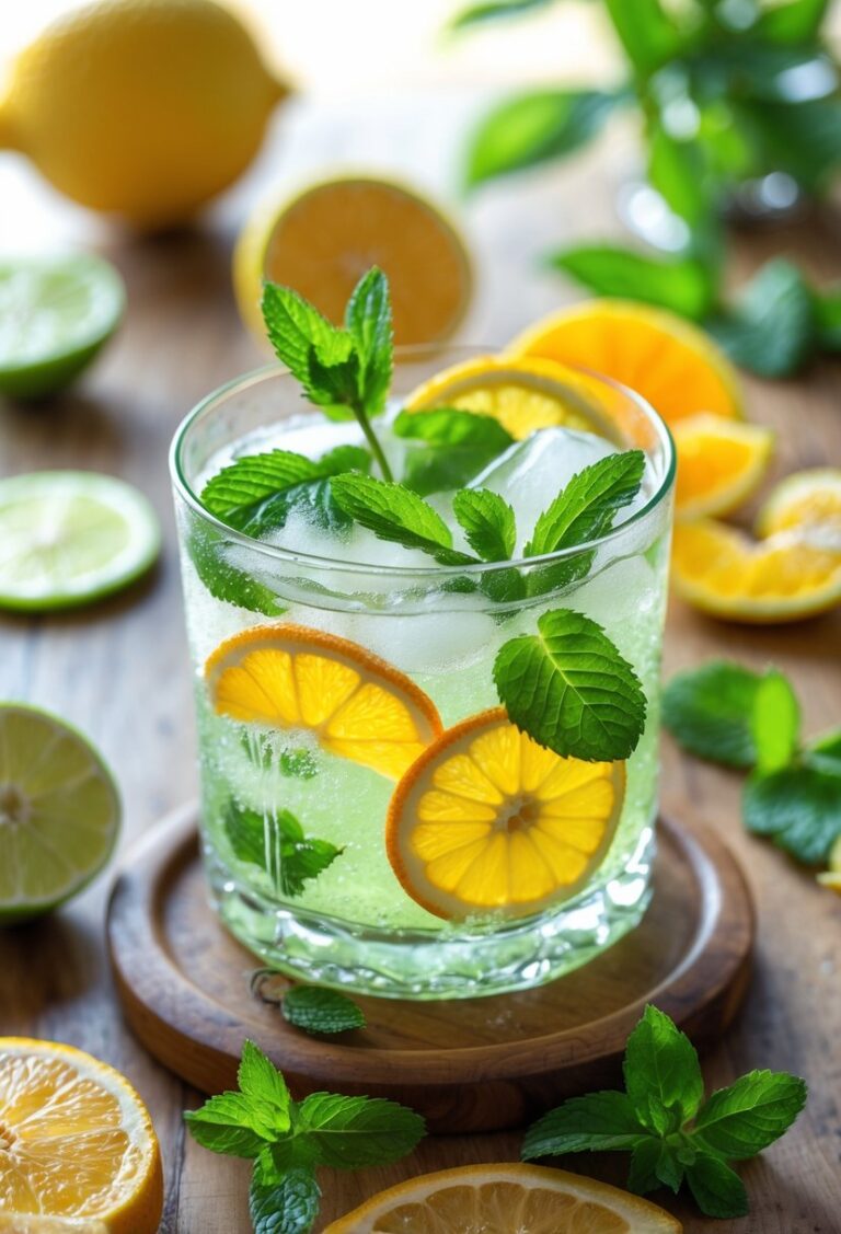 A glass of sparkling citrus drink garnished with mint leaves and slices of lemon, lime, and orange on a wooden table with fresh citrus fruits and mint around it.