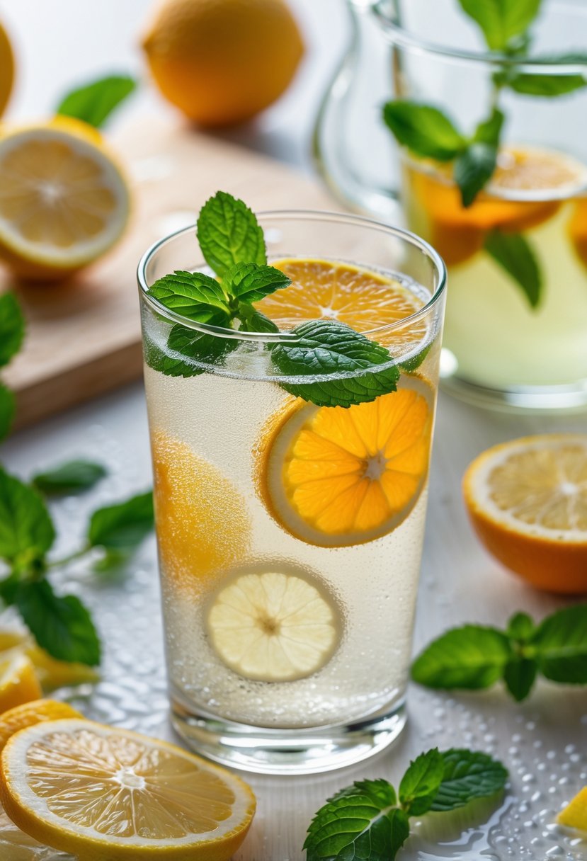 A glass of sparkling water with lemon, orange slices, and mint leaves on a wooden surface surrounded by citrus fruits and fresh mint.