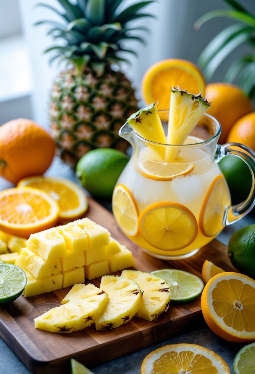 Fresh pineapple chunks and sliced citrus fruits arranged around a glass pitcher of citrus pineapple punch on a wooden cutting board.