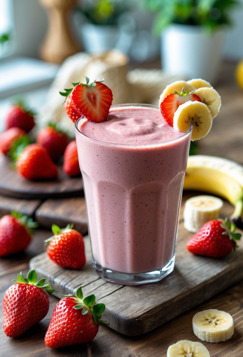 A glass of strawberry banana smoothie with fresh strawberries and sliced bananas on a wooden table.