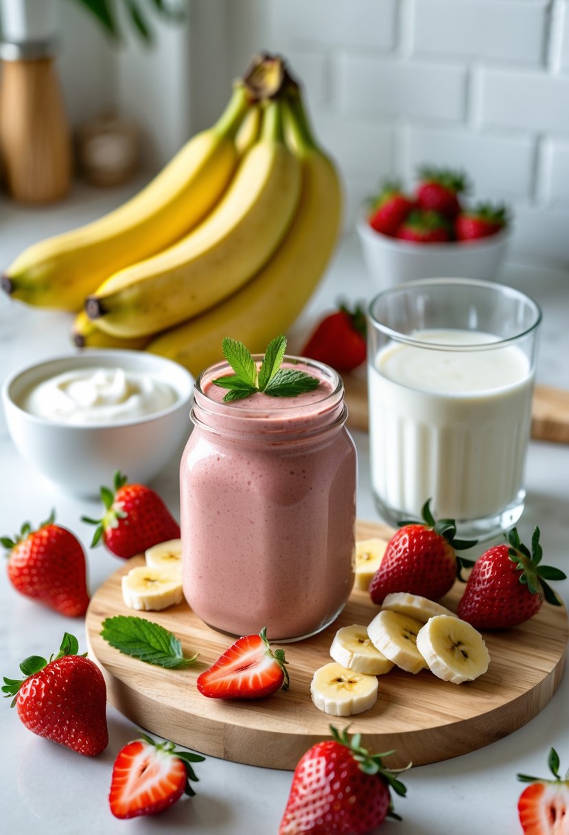 Fresh strawberries, bananas, yogurt, milk, and a glass jar of strawberry banana smoothie arranged on a kitchen countertop.