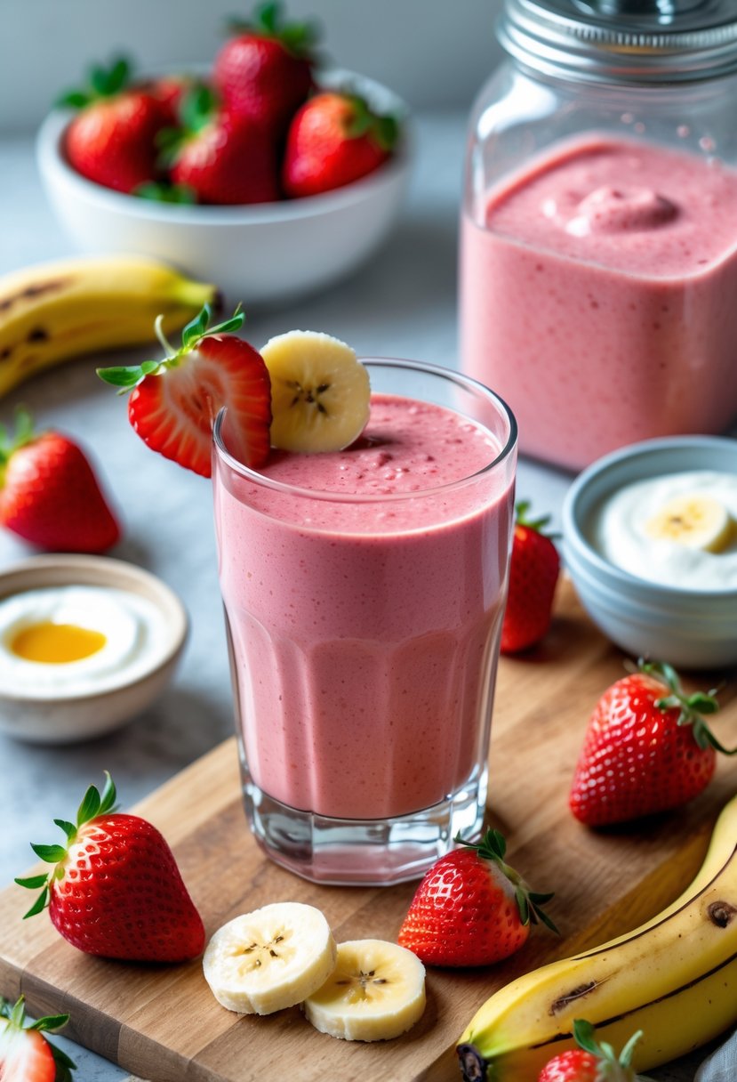 A glass of strawberry banana smoothie with fresh strawberries and bananas on a wooden board, alongside a blender jar and small bowls of yogurt and honey.